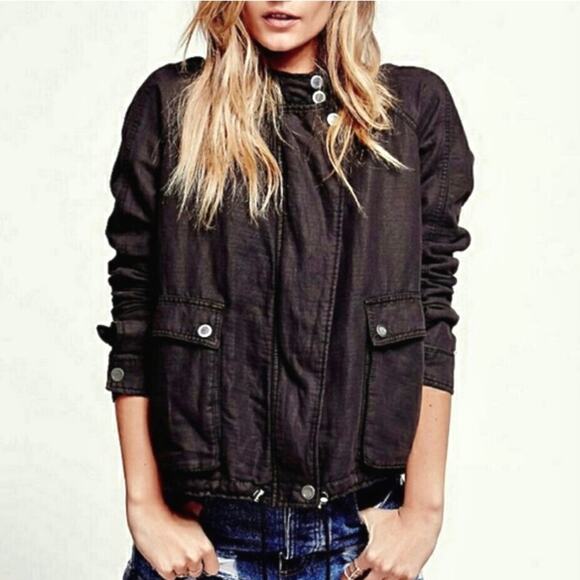 Free People Double Cloth Black Bomber Zip Up Jacket - Picture 2 of 10